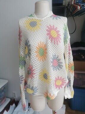 CHARLIE B White Open-Knit Hoodie with Multicolor Floral Sun Accents
